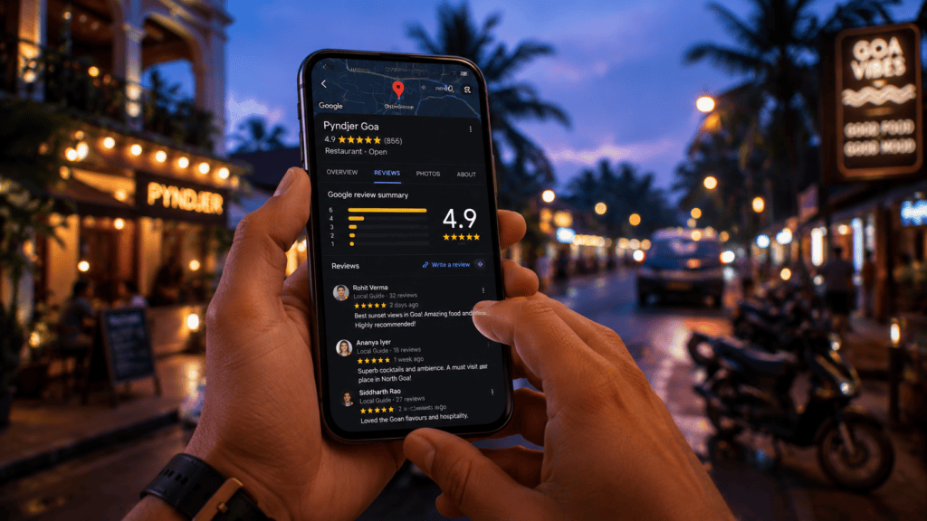 Tourist searching for restaurants on Google Maps optimized by a top marketing agency in goa.