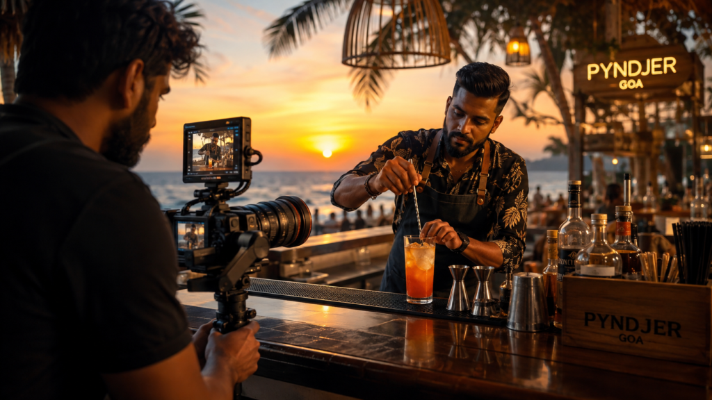 visual production team of a digital marketing company in goa shooting a sunset bar.
